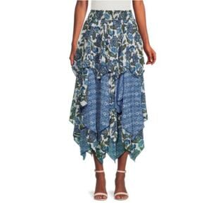 Misa Los Angeles Zoe Floral Asymmetric Tiered Midi Skirt Size Small